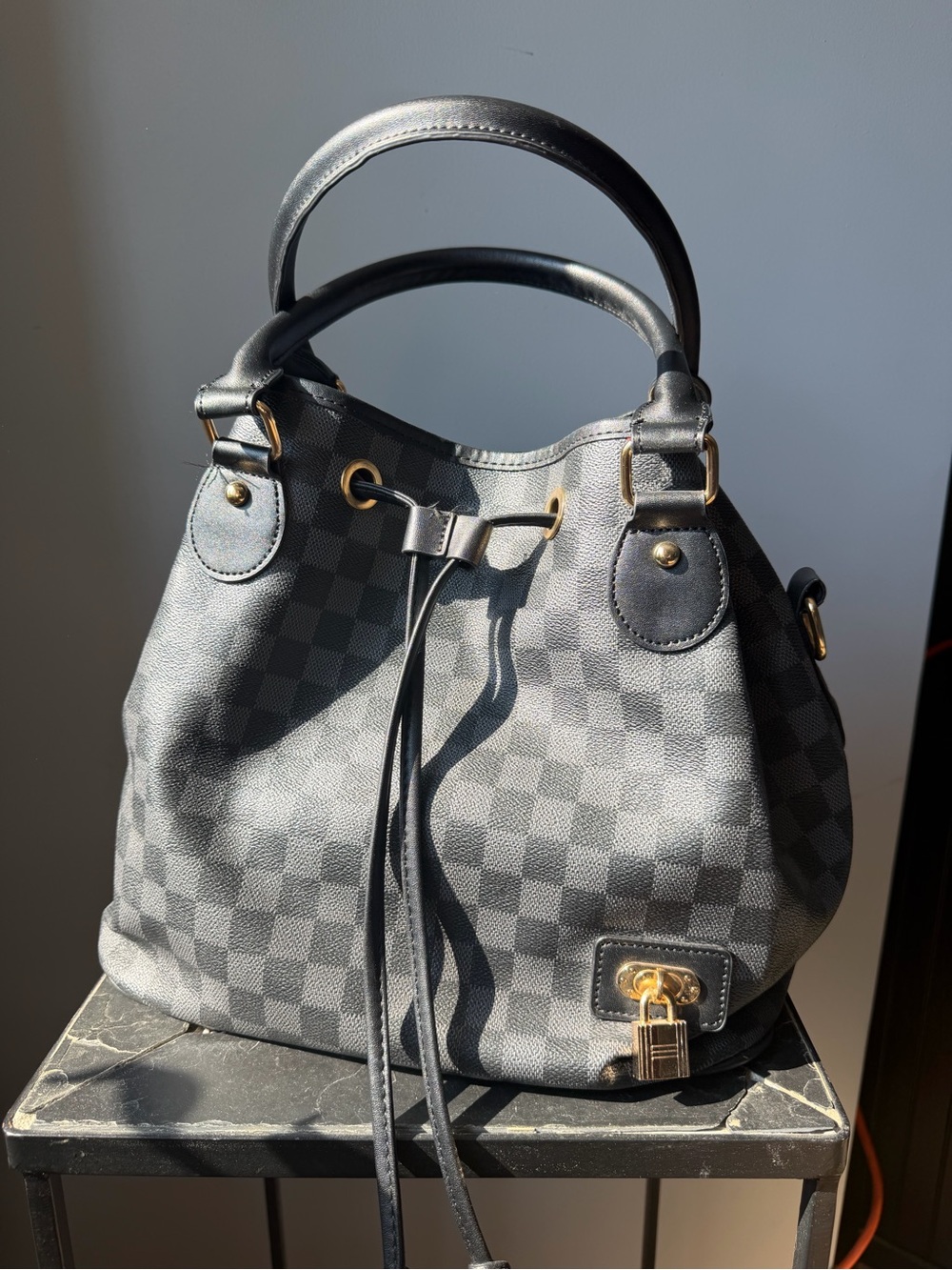 Black Check Drawstring Tote Handbag